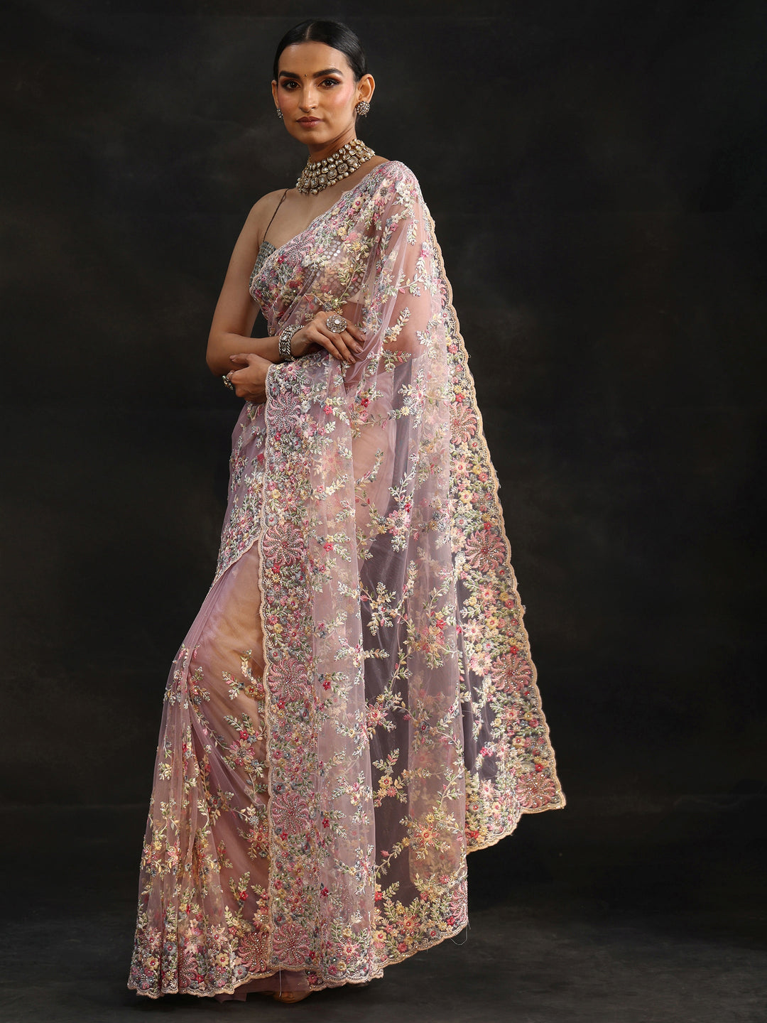 Libas Lavender Floral Embroidered Net Saree