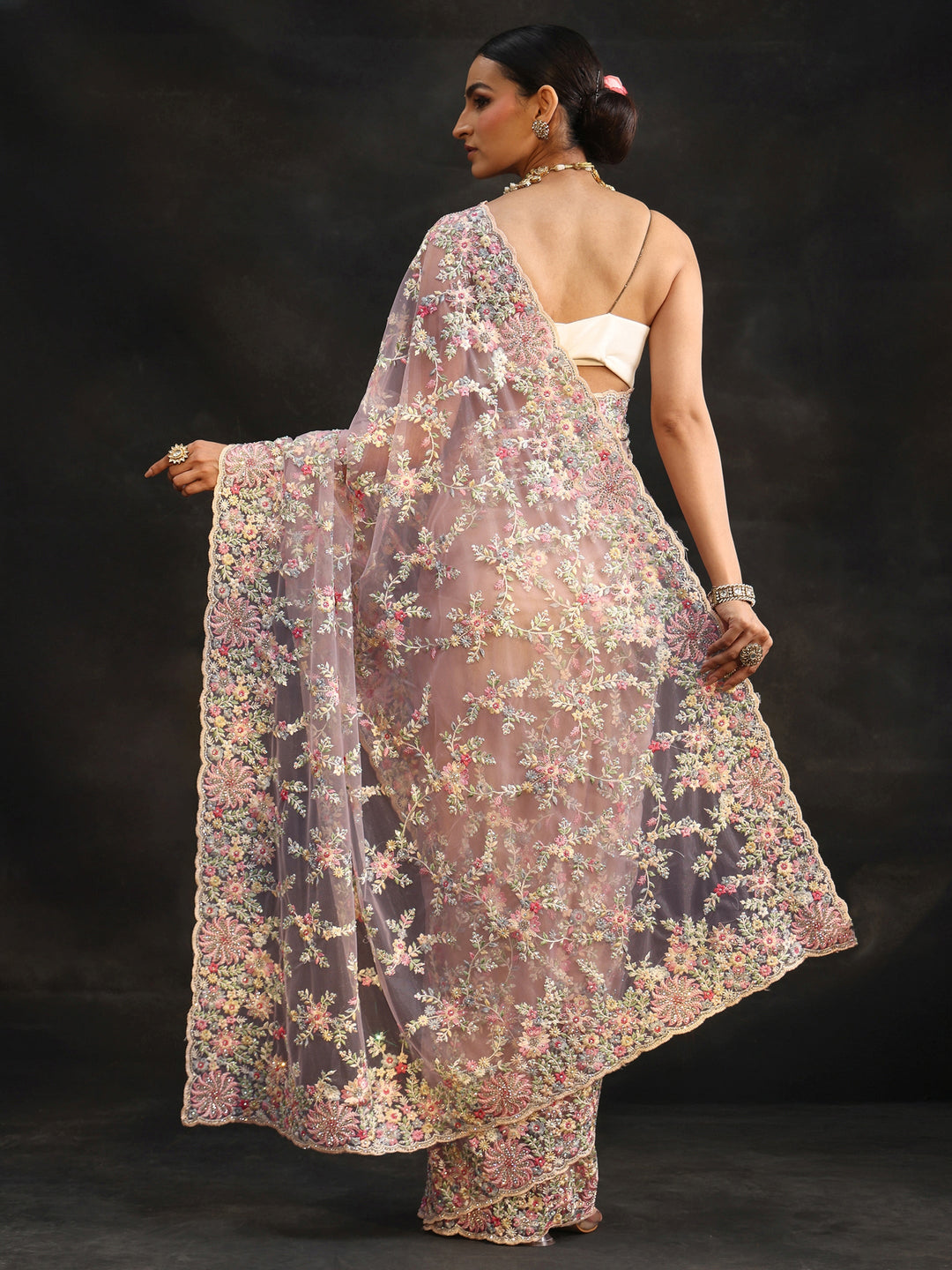 Libas Lavender Floral Embroidered Net Saree