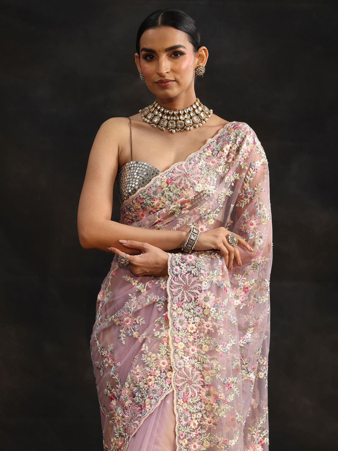 Libas Lavender Floral Embroidered Net Saree
