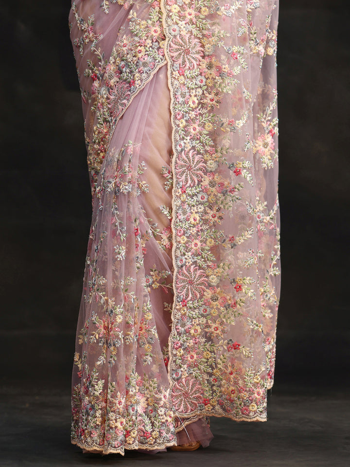 Libas Lavender Floral Embroidered Net Saree