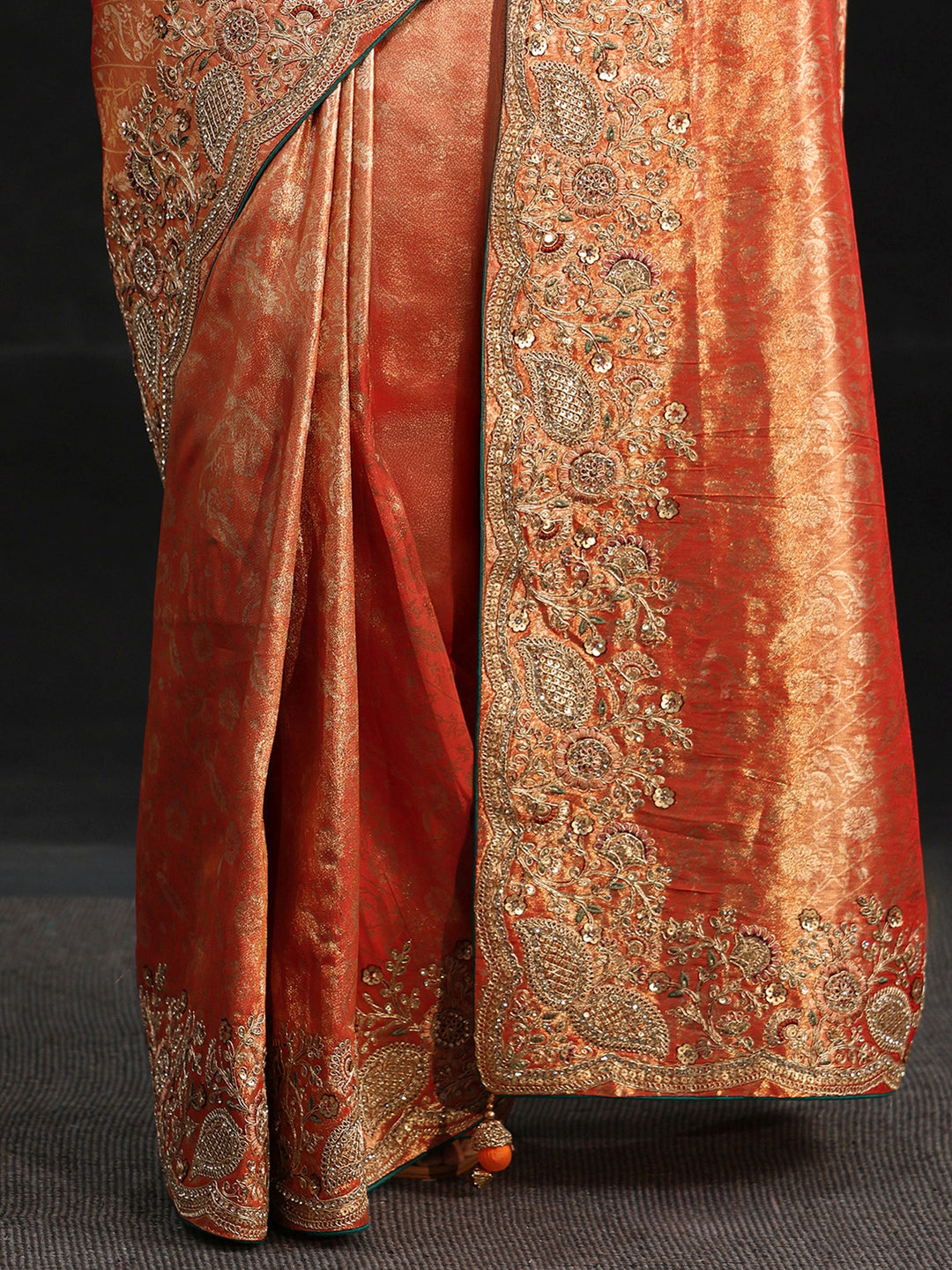 Libas Apricot Orange Woven Design Satin Saree with Embellished Border