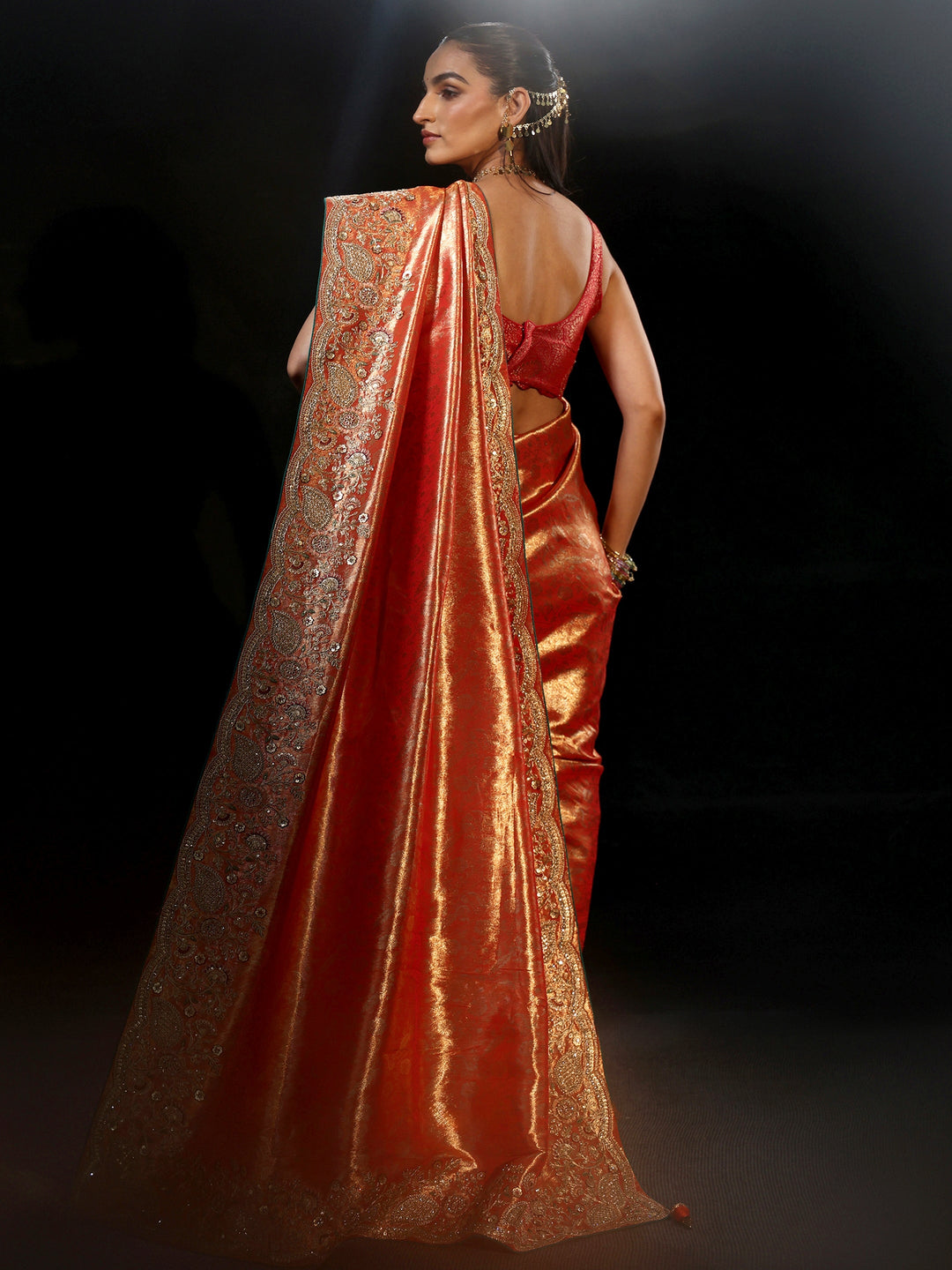 Libas Apricot Orange Woven Design Satin Saree with Embellished Border