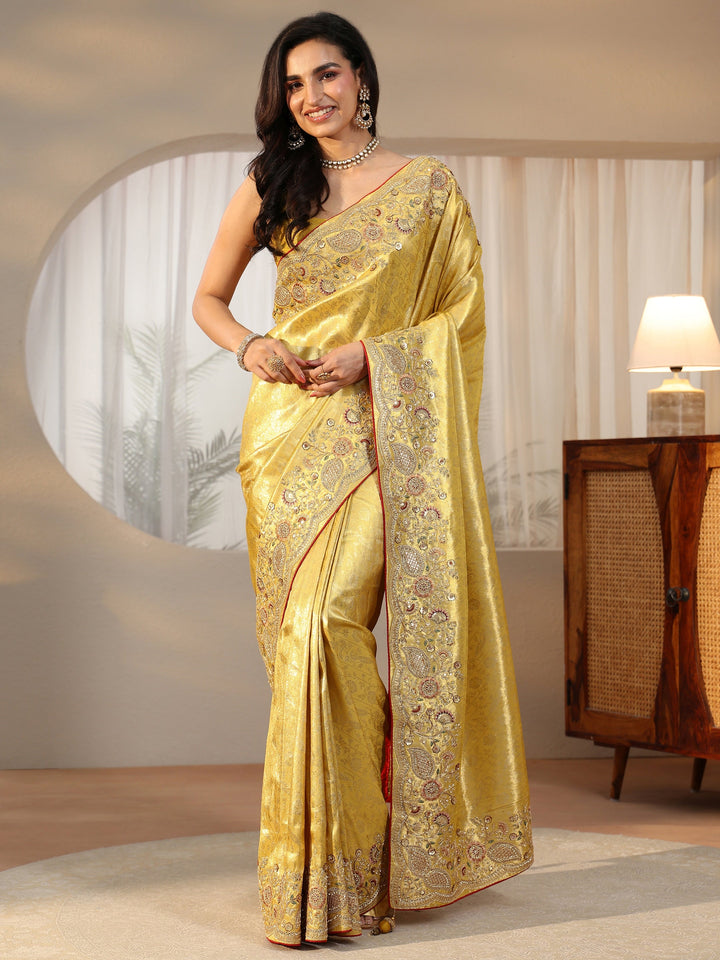Libas Green Woven Design Satin Saree With Embellished Border