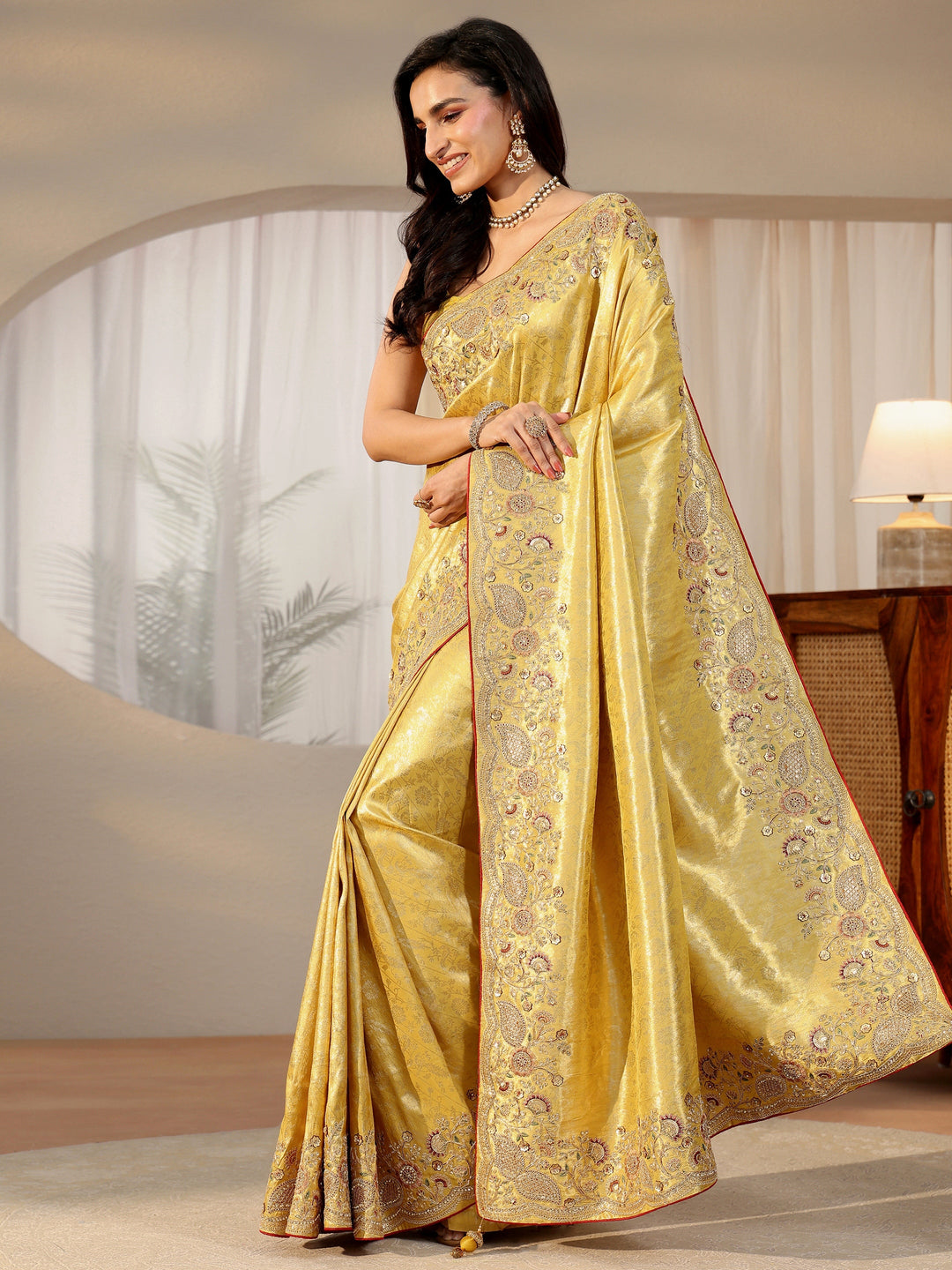 Libas Green Woven Design Satin Saree With Embellished Border