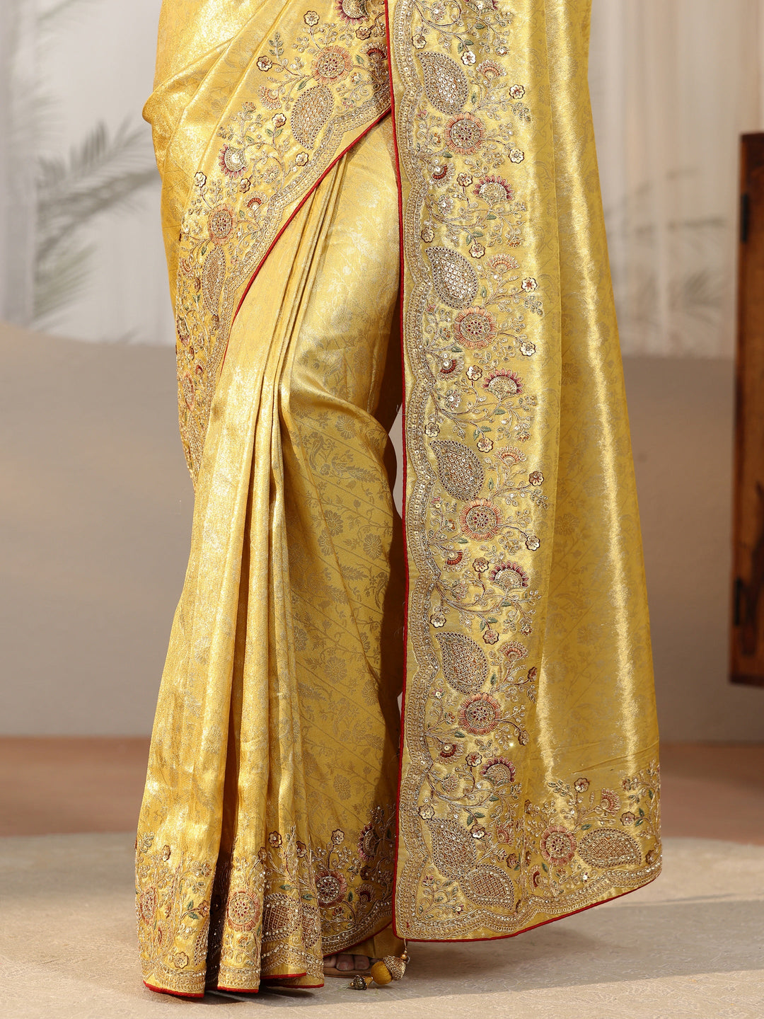 Libas Green Woven Design Satin Saree With Embellished Border