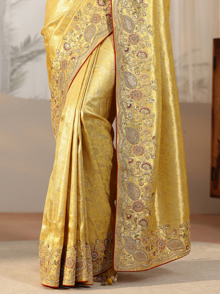Libas Green Woven Design Satin Saree With Embellished Border