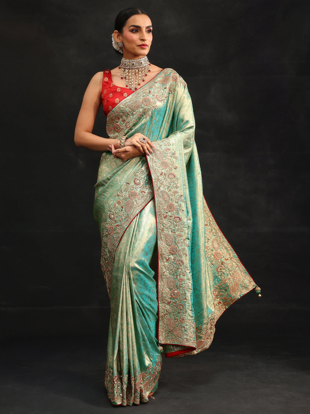Libas Aqua Blue Woven Design Satin Saree with Embellished Border