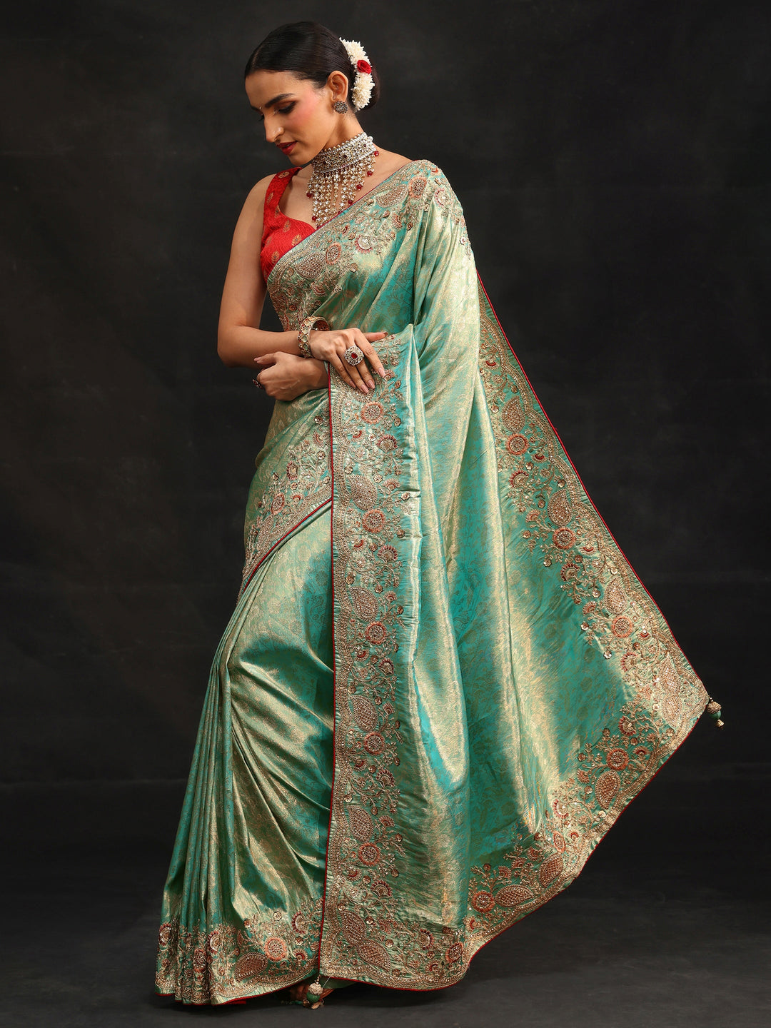 Libas Aqua Blue Woven Design Satin Saree with Embellished Border