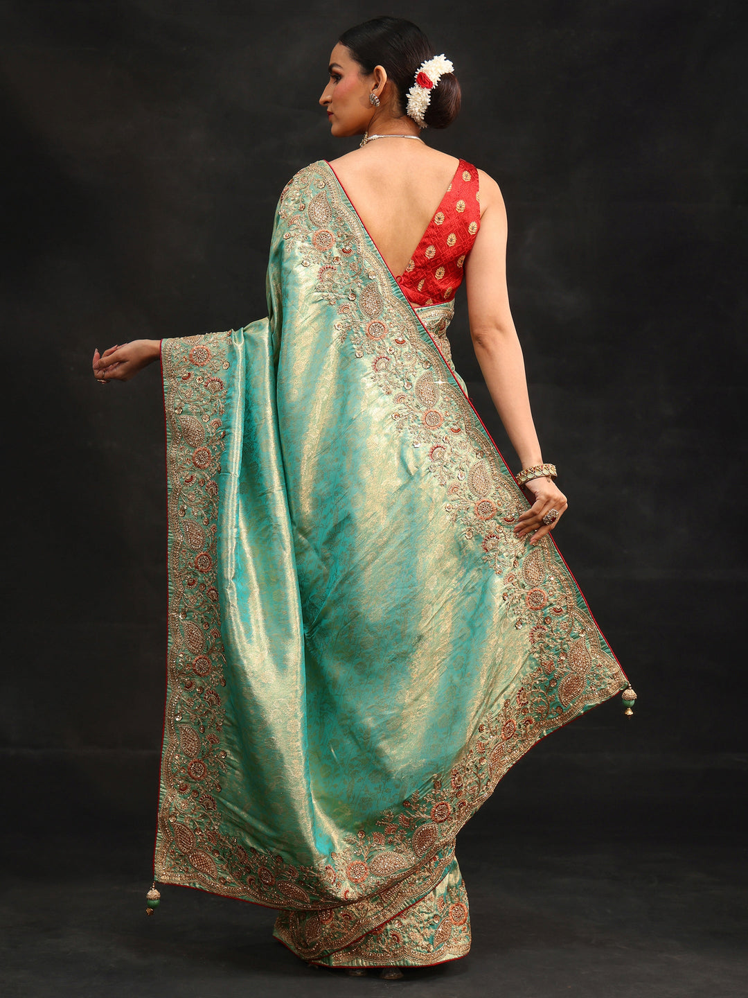 Libas Aqua Blue Woven Design Satin Saree with Embellished Border