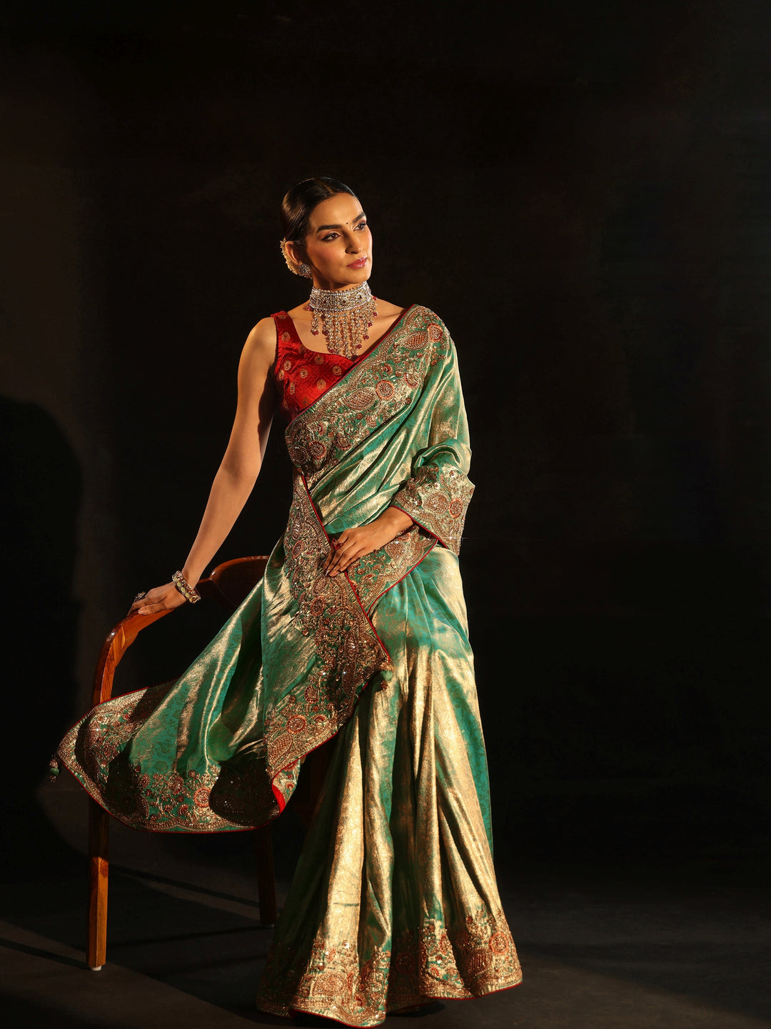Libas Aqua Blue Woven Design Satin Saree with Embellished Border