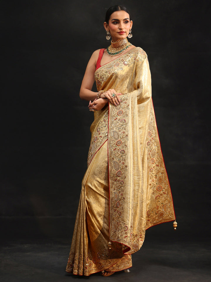 Libas Gold Woven Design Satin Saree with Embellished Border
