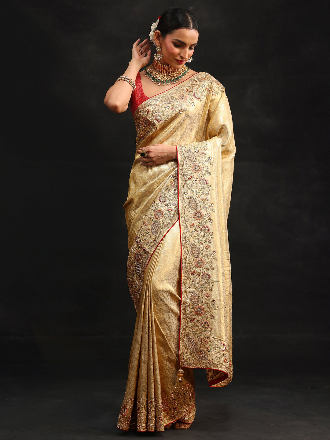 Libas Gold Woven Design Satin Saree with Embellished Border