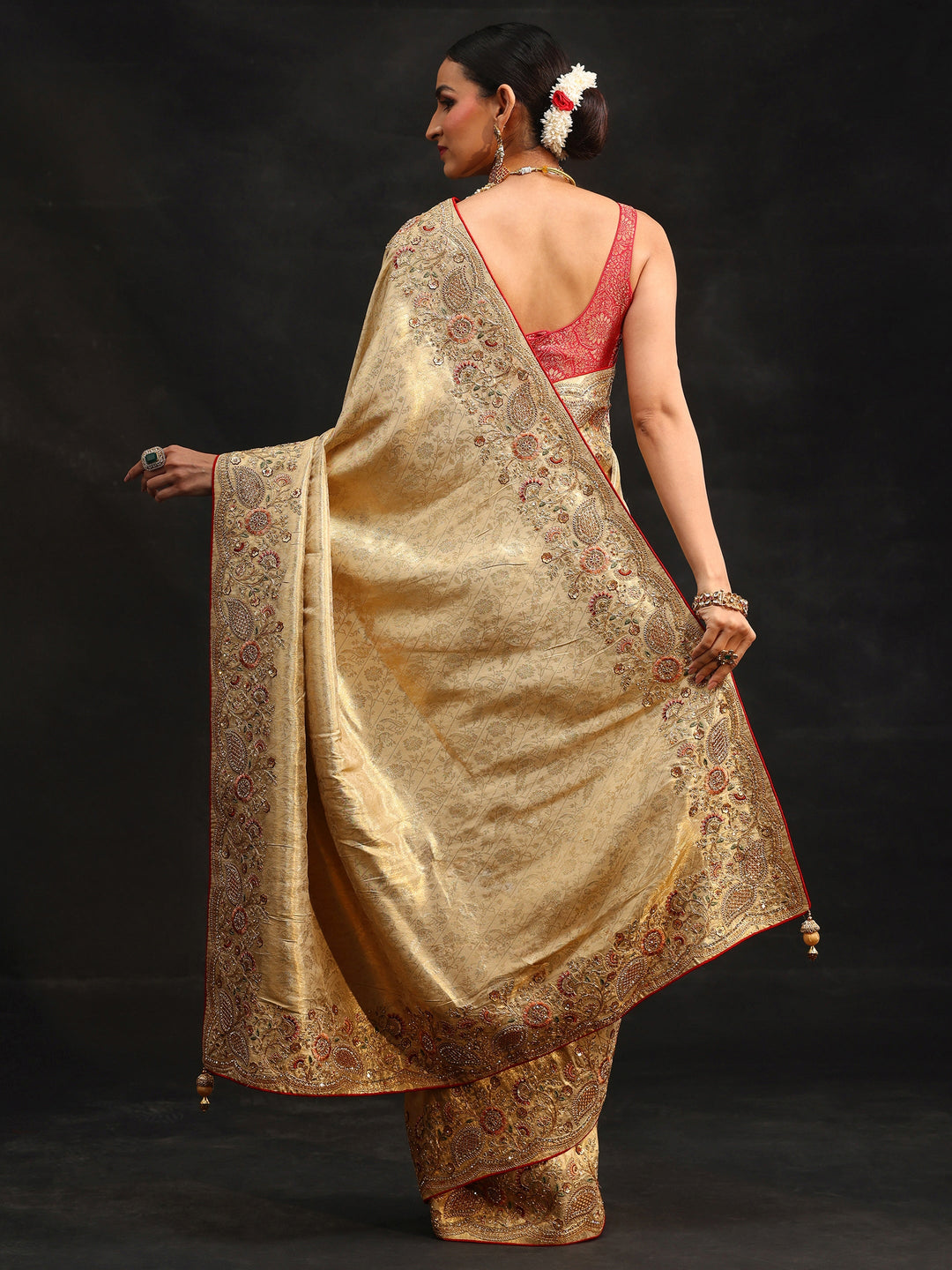 Libas Gold Woven Design Satin Saree with Embellished Border