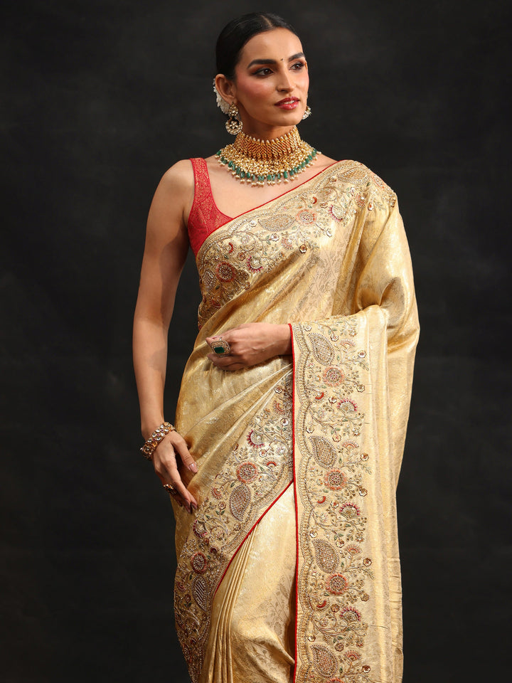 Libas Gold Woven Design Satin Saree with Embellished Border