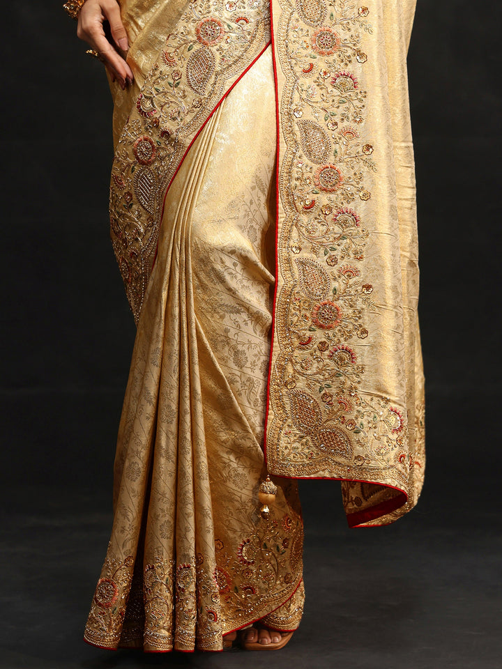 Libas Gold Woven Design Satin Saree with Embellished Border