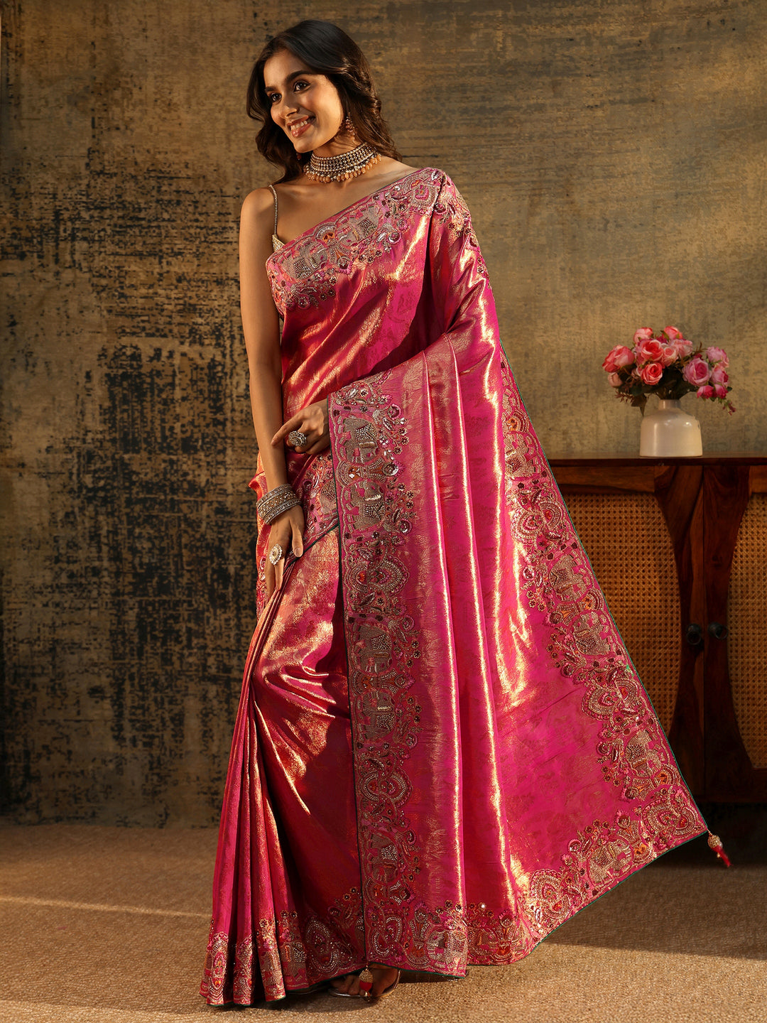 Libas Art Rani Pink Floral Woven Saree with Embellished Saree