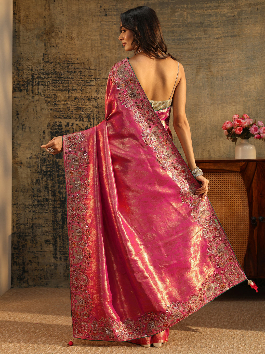 Libas Art Rani Pink Floral Woven Saree with Embellished Saree