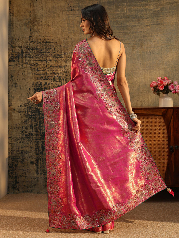 Libas Art Rani Pink Floral Woven Saree with Embellished Saree