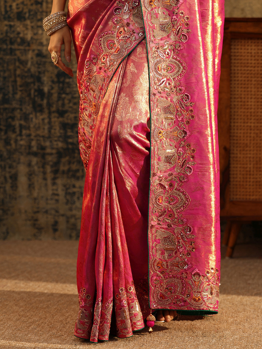 Libas Art Rani Pink Floral Woven Saree with Embellished Saree