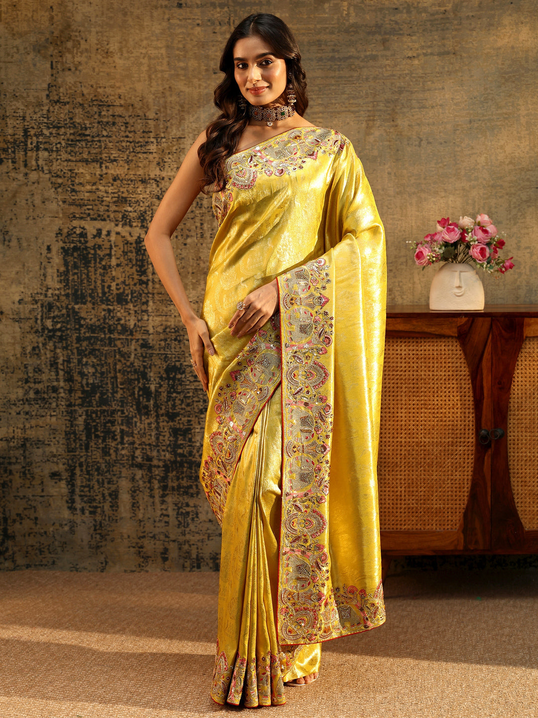 Libas Art Mustard Floral Woven Saree with Embellished Saree