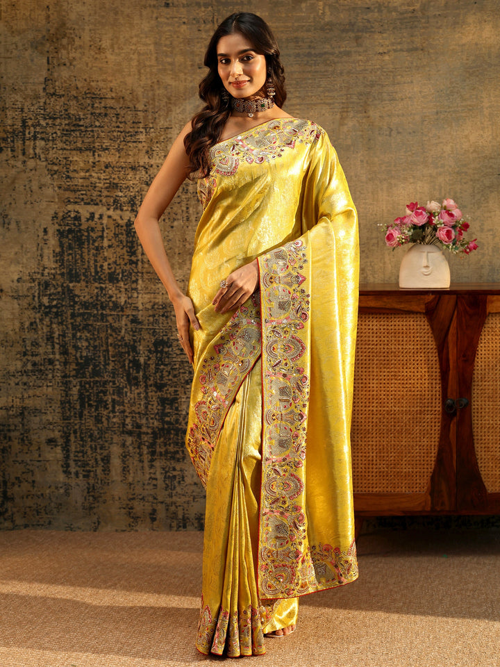 Libas Art Mustard Floral Woven Saree with Embellished Saree
