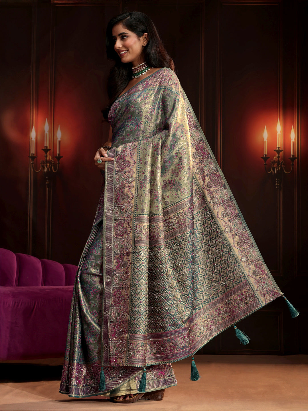 Libas Art Deep Sage Green Floral Woven Design Silk Blend Saree