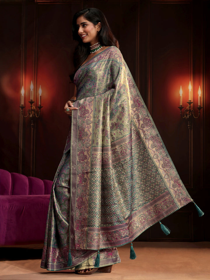 Libas Art Deep Sage Green Floral Woven Design Silk Blend Saree