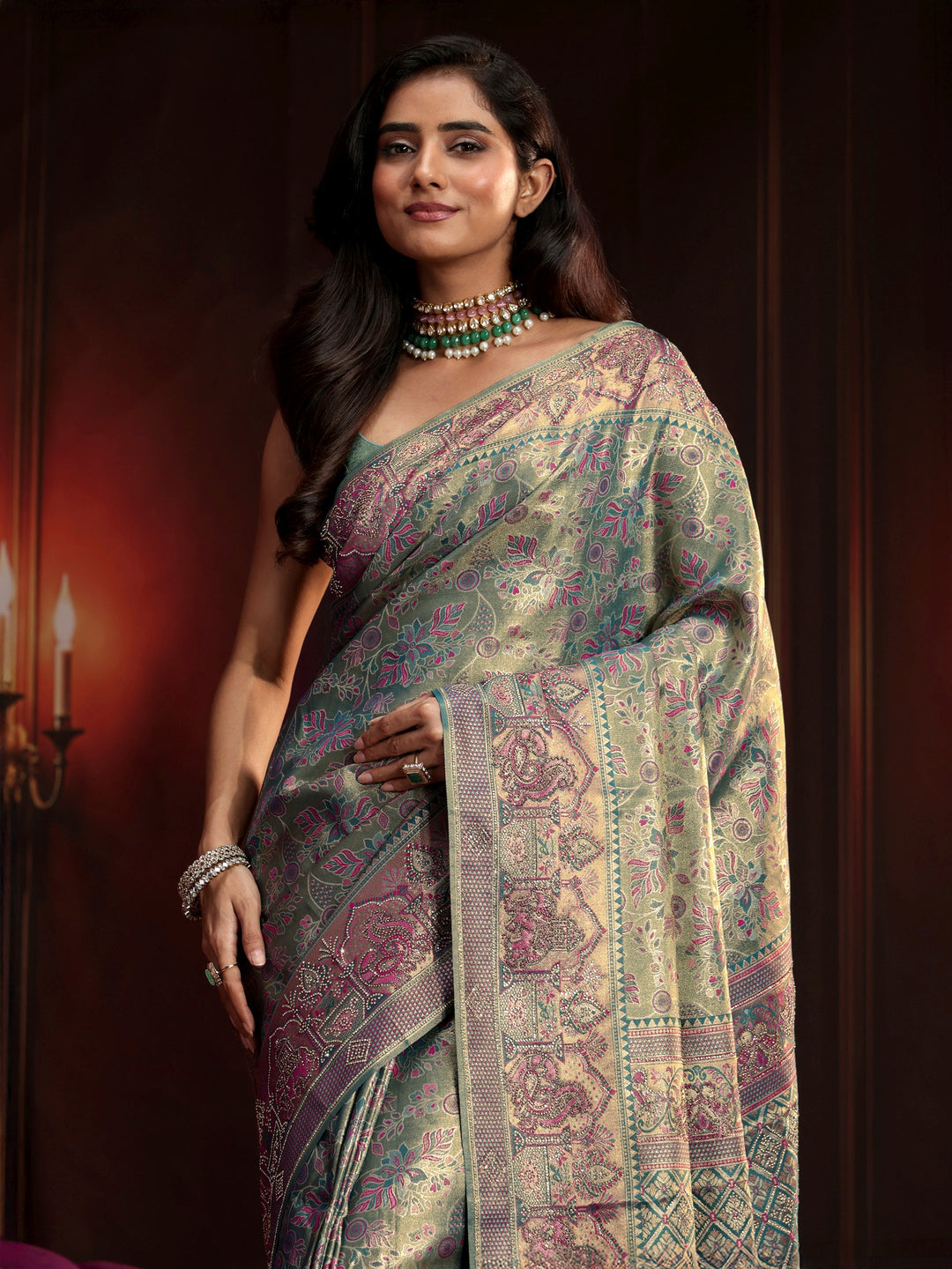 Libas Art Deep Sage Green Floral Woven Design Silk Blend Saree