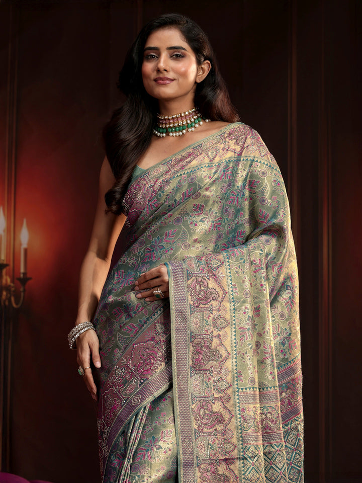 Libas Art Deep Sage Green Floral Woven Design Silk Blend Saree