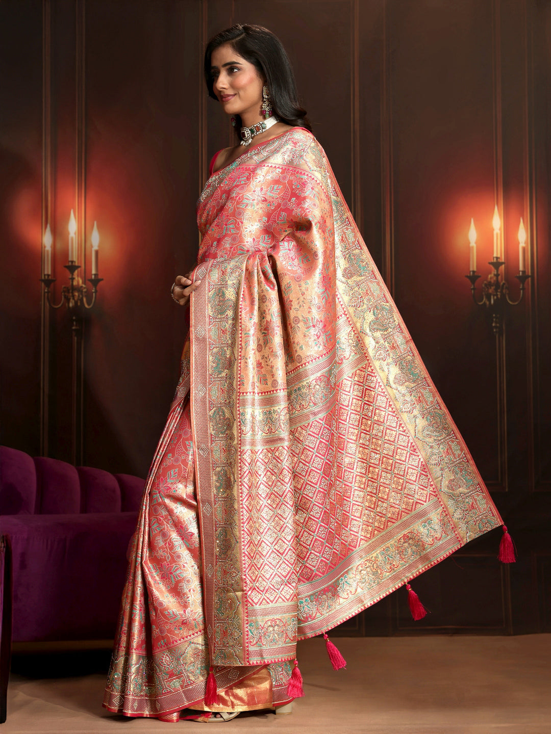 Libas Art Peach Pink Floral Woven Design Silk Blend Saree