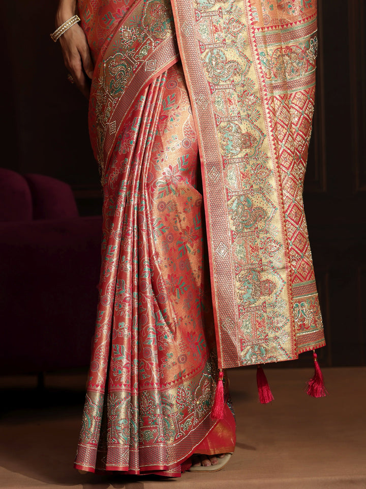Libas Art Peach Pink Floral Woven Design Silk Blend Saree