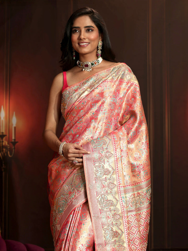 Libas Art Peach Pink Floral Woven Design Silk Blend Saree