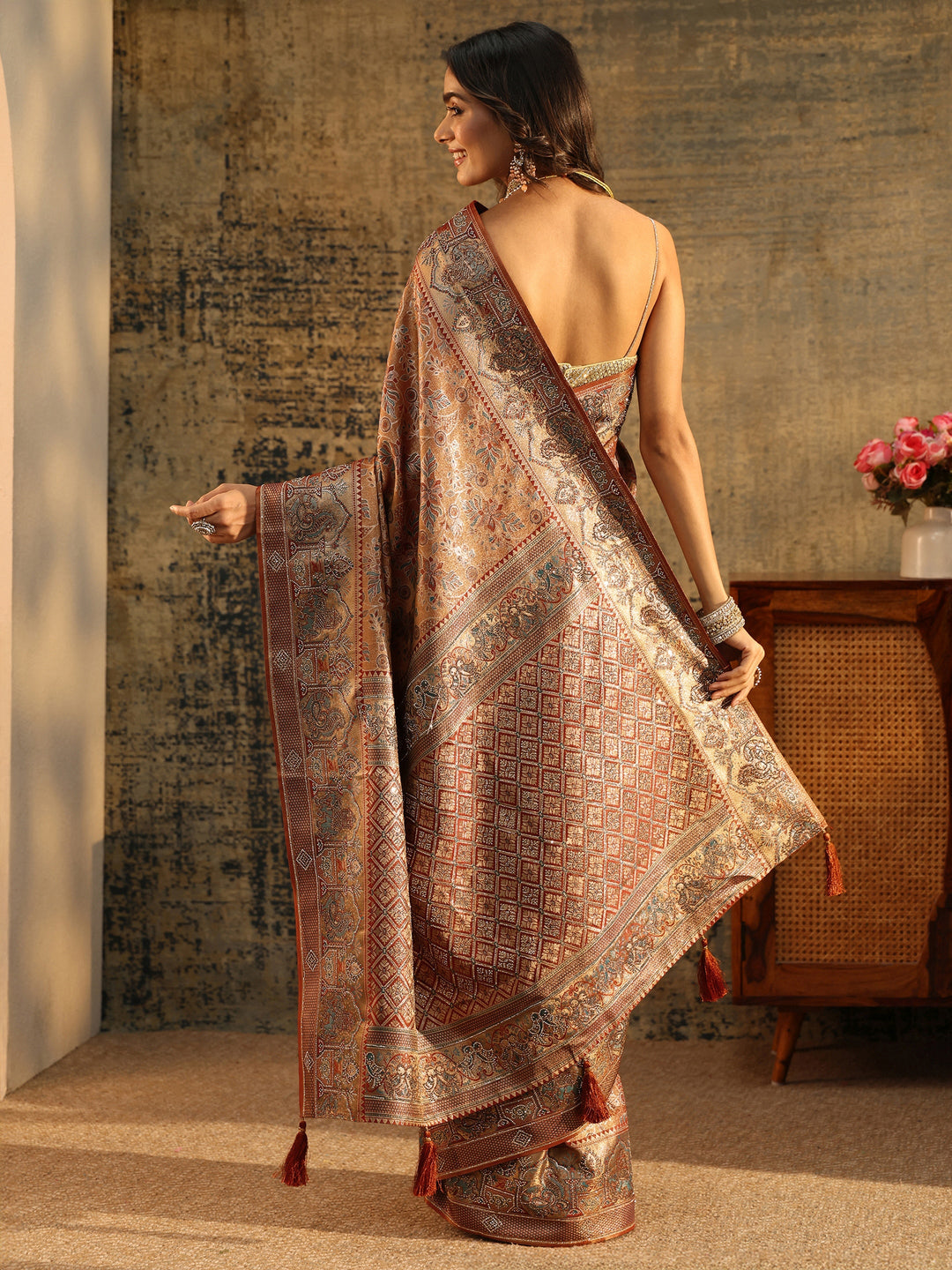 Libas Art Brown Jamawar Woven Silk Blend Saree