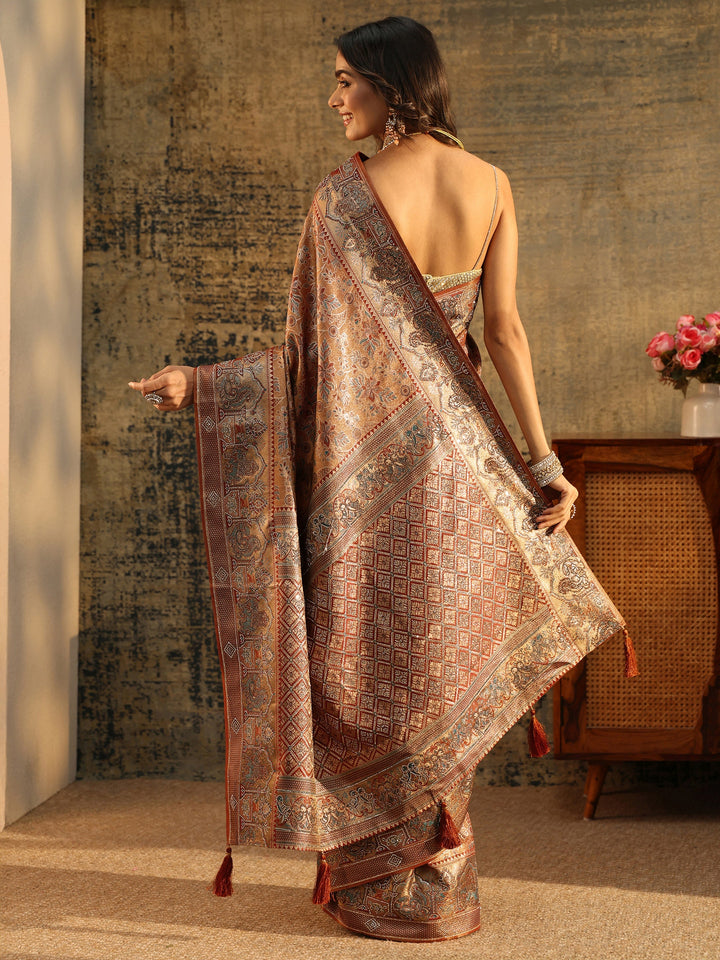 Libas Art Brown Jamawar Woven Silk Blend Saree