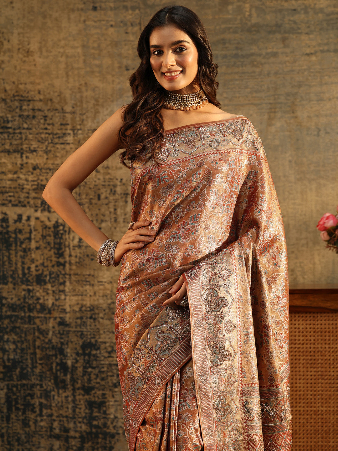 Libas Art Brown Jamawar Woven Silk Blend Saree
