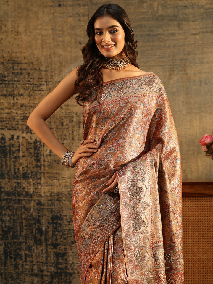 Libas Art Brown Jamawar Woven Silk Blend Saree