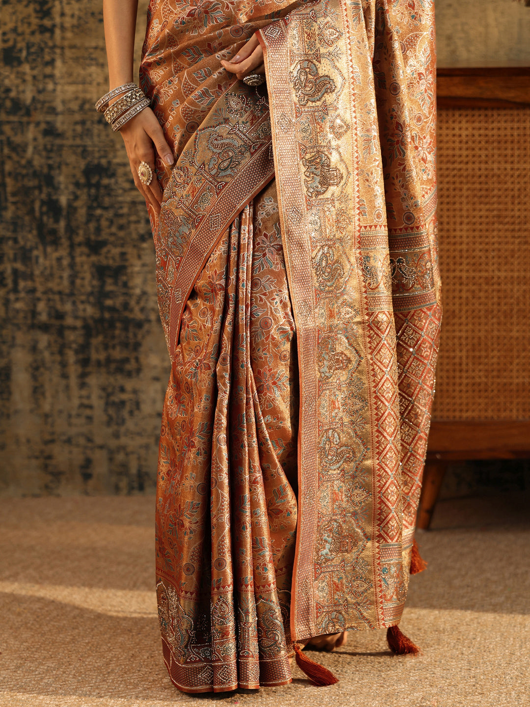 Libas Art Brown Jamawar Woven Silk Blend Saree