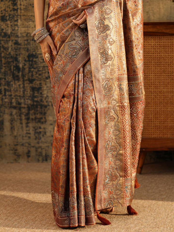 Libas Art Brown Jamawar Woven Silk Blend Saree