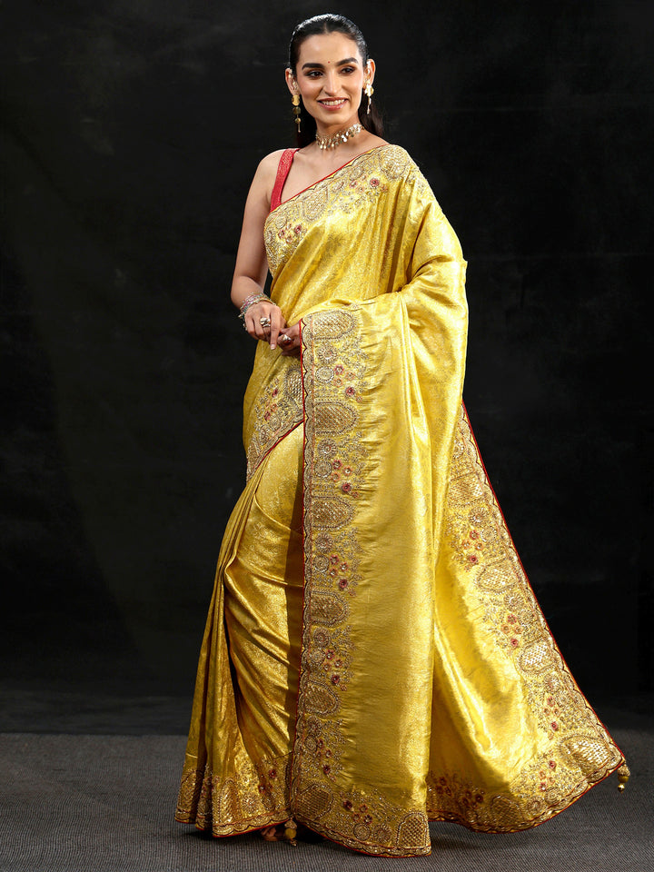 Libas Art Green Woven Design Silk Blend Saree with Embellished Border