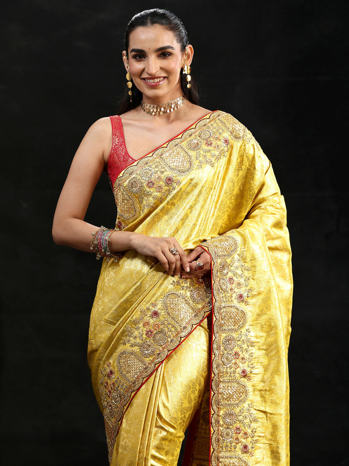 Libas Art Green Woven Design Silk Blend Saree with Embellished Border