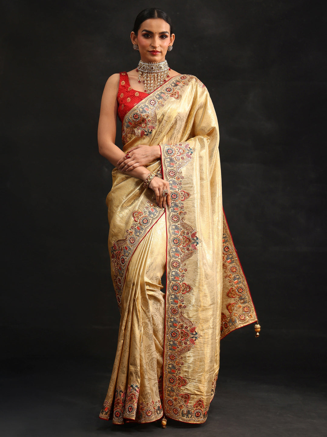 Libas Art Gold Silk Blend Saree with Embroidered Border