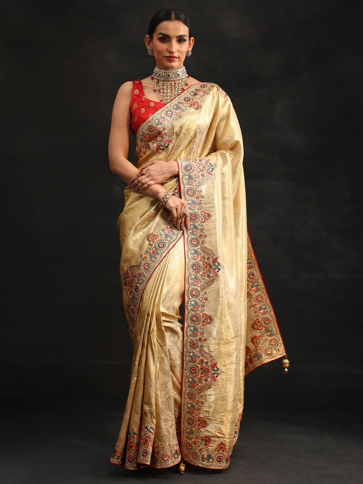 Libas Art Gold Silk Blend Saree with Embroidered Border