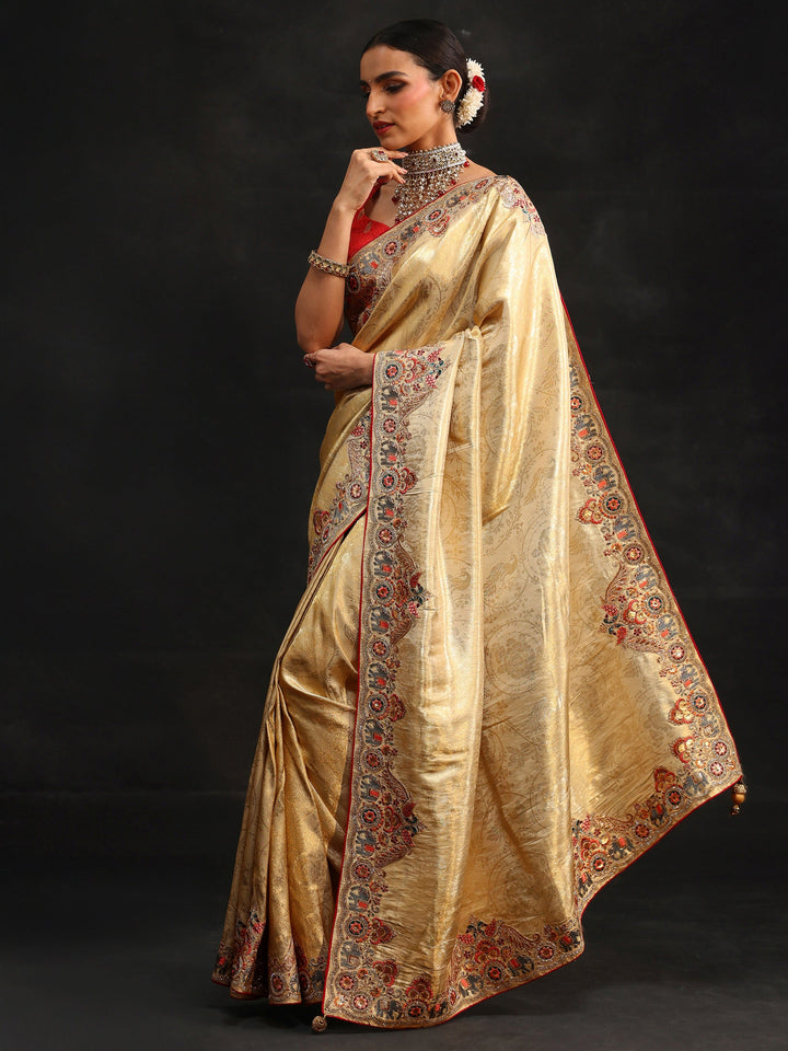 Libas Art Gold Silk Blend Saree with Embroidered Border