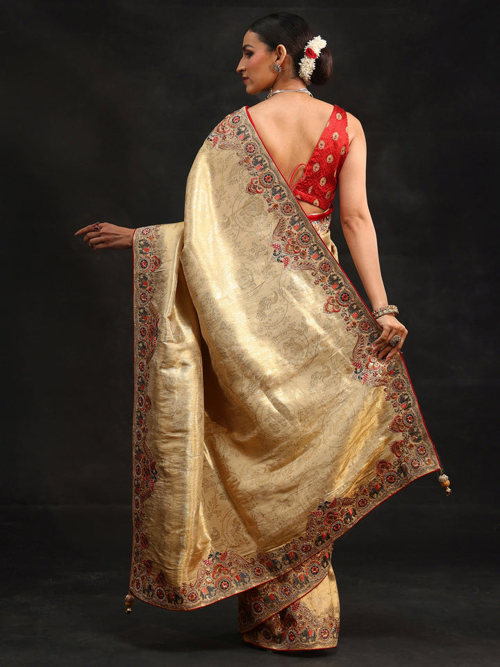 Libas Art Gold Silk Blend Saree with Embroidered Border
