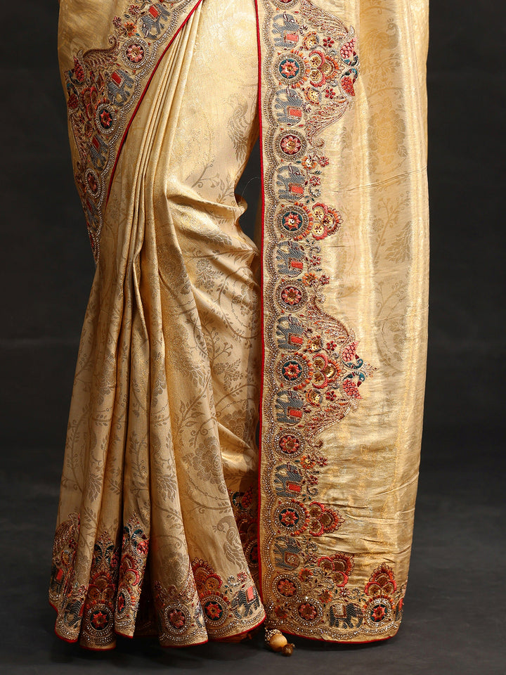 Libas Art Gold Silk Blend Saree with Embroidered Border
