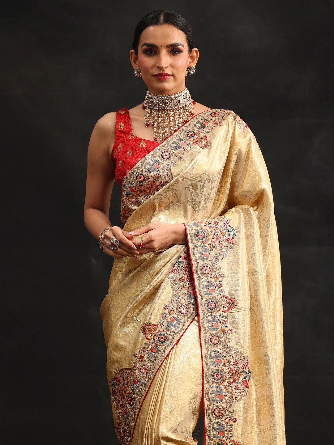 Libas Art Gold Silk Blend Saree with Embroidered Border