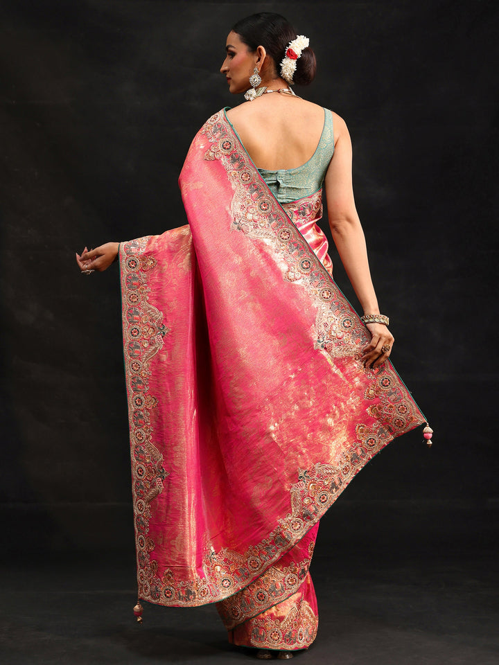 Libas Art Rose Pink Woven Design Saree with Embroidered Border