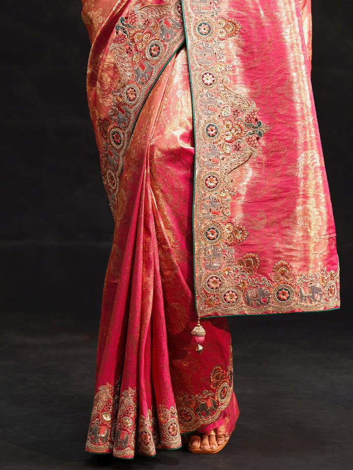 Libas Art Rose Pink Woven Design Saree with Embroidered Border