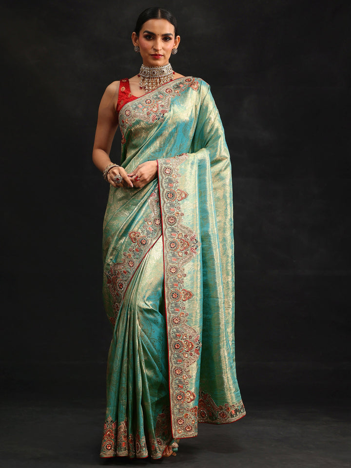 Libas Art Aqua Blue Woven Design Saree with Embroidered Border