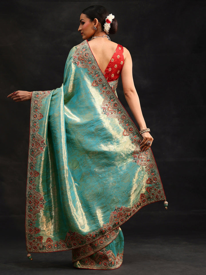 Libas Art Aqua Blue Woven Design Saree with Embroidered Border